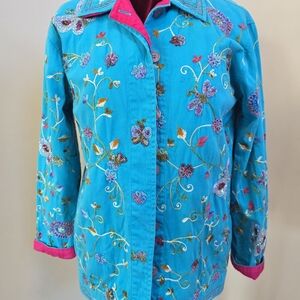 Floral Embroidered and Beaded Butterfly And Bee Blue Jean Jacket